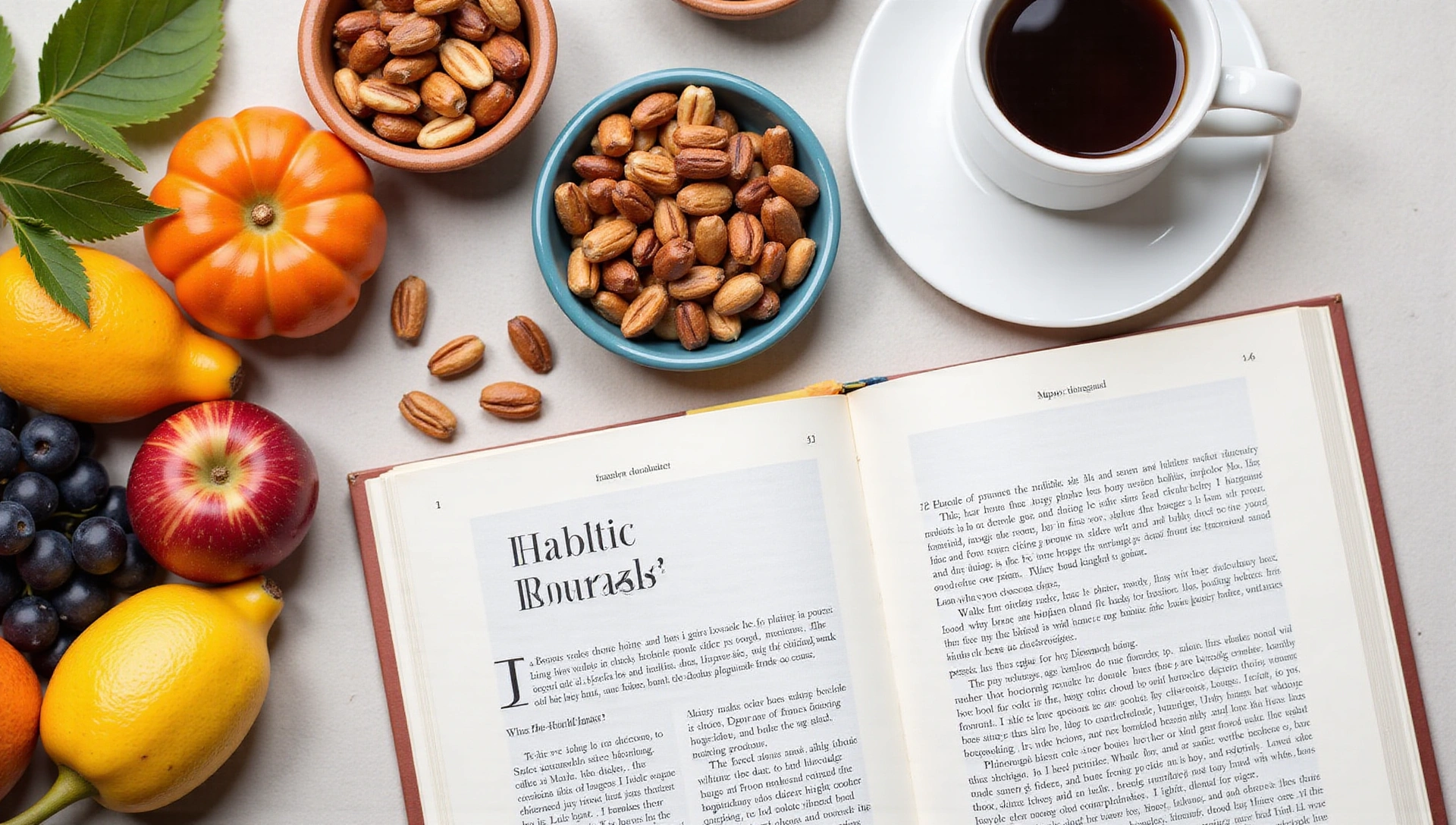 Sfondo desktop con libri di nutrizione, una tazza di caffè e alimenti sani, evocando apprendimento e benessere.