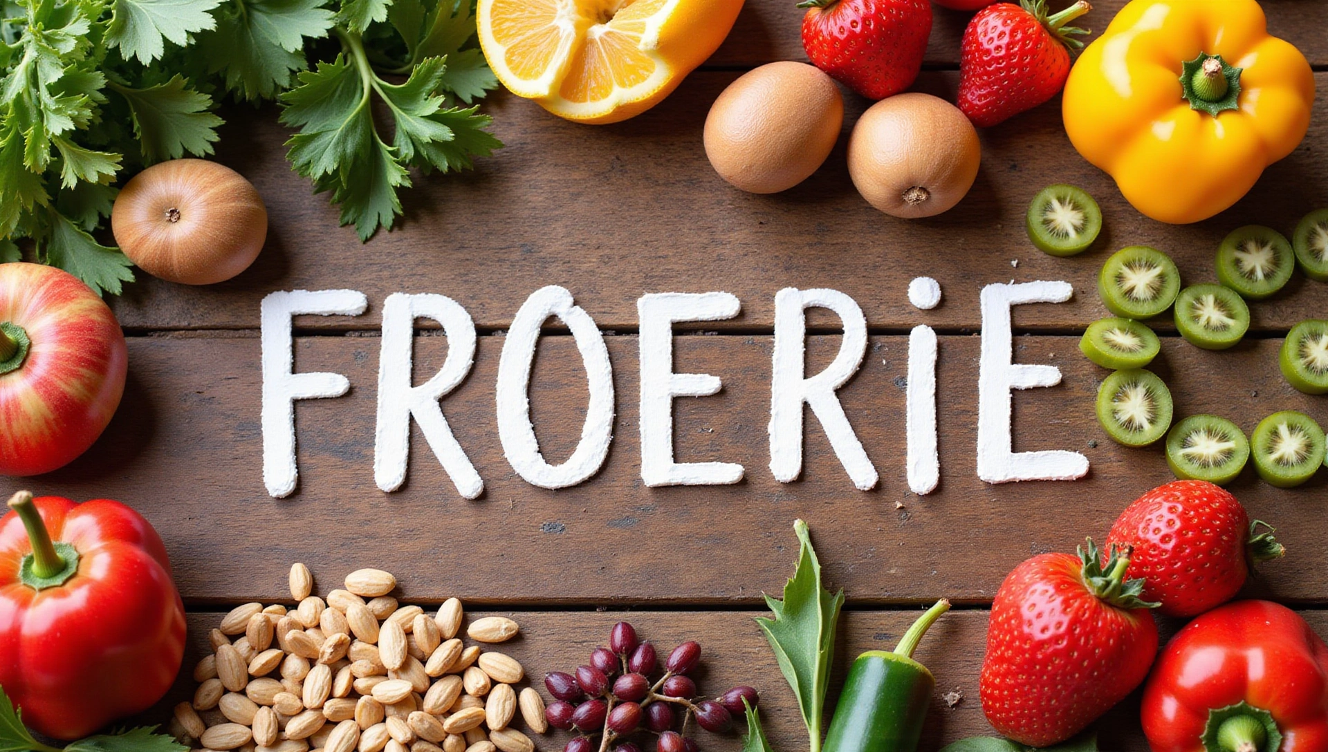 Una varietà di alimenti sani disposti artisticamente come frutta, verdura, cereali integrali e noci, con un'illuminazione soffusa che ne esalta i colori e la freschezza, evocando benessere e nutrizione.